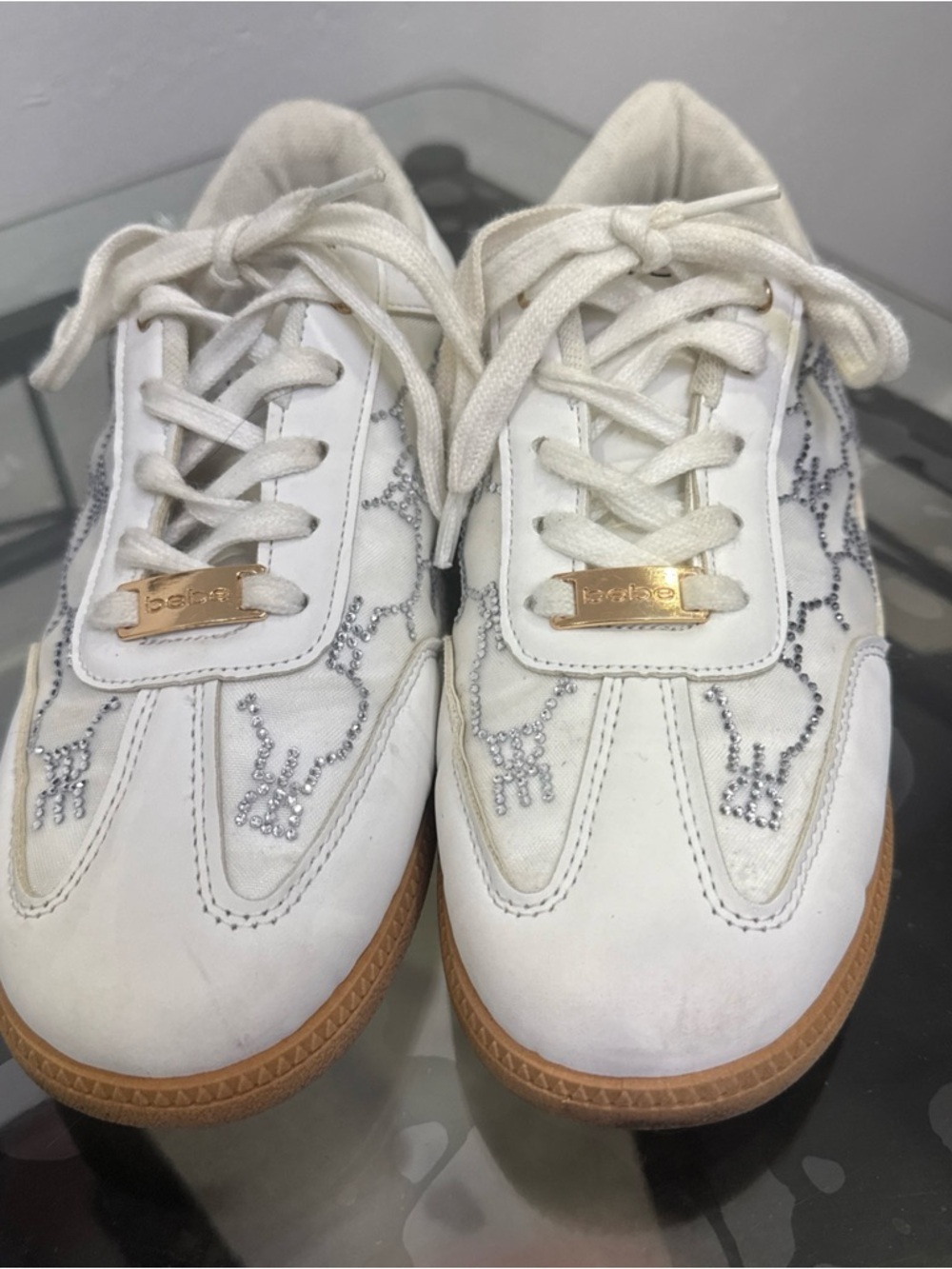 bebe White Sneakers with Gold Hardware and Gum Soles